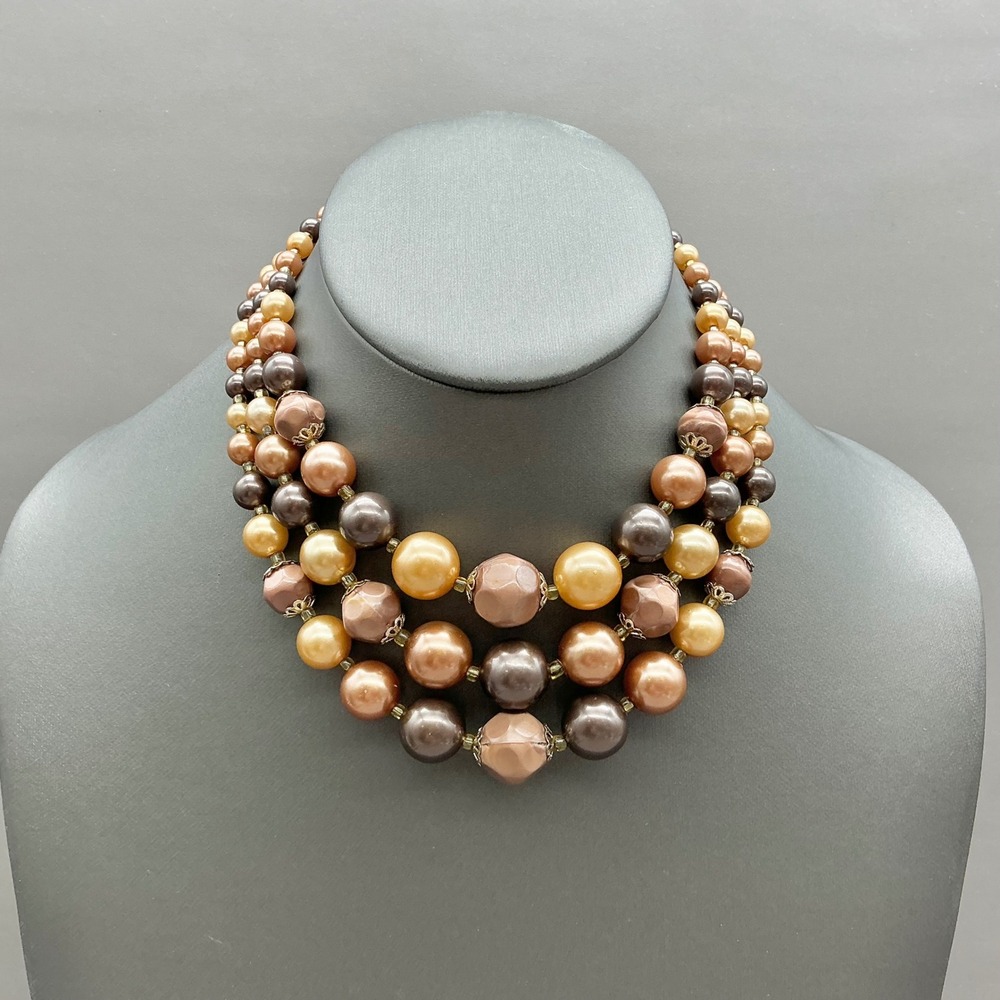 Vintage Necklace Signed Japan Faux Pearl Triple Strand Brown Gold Beaded 24"